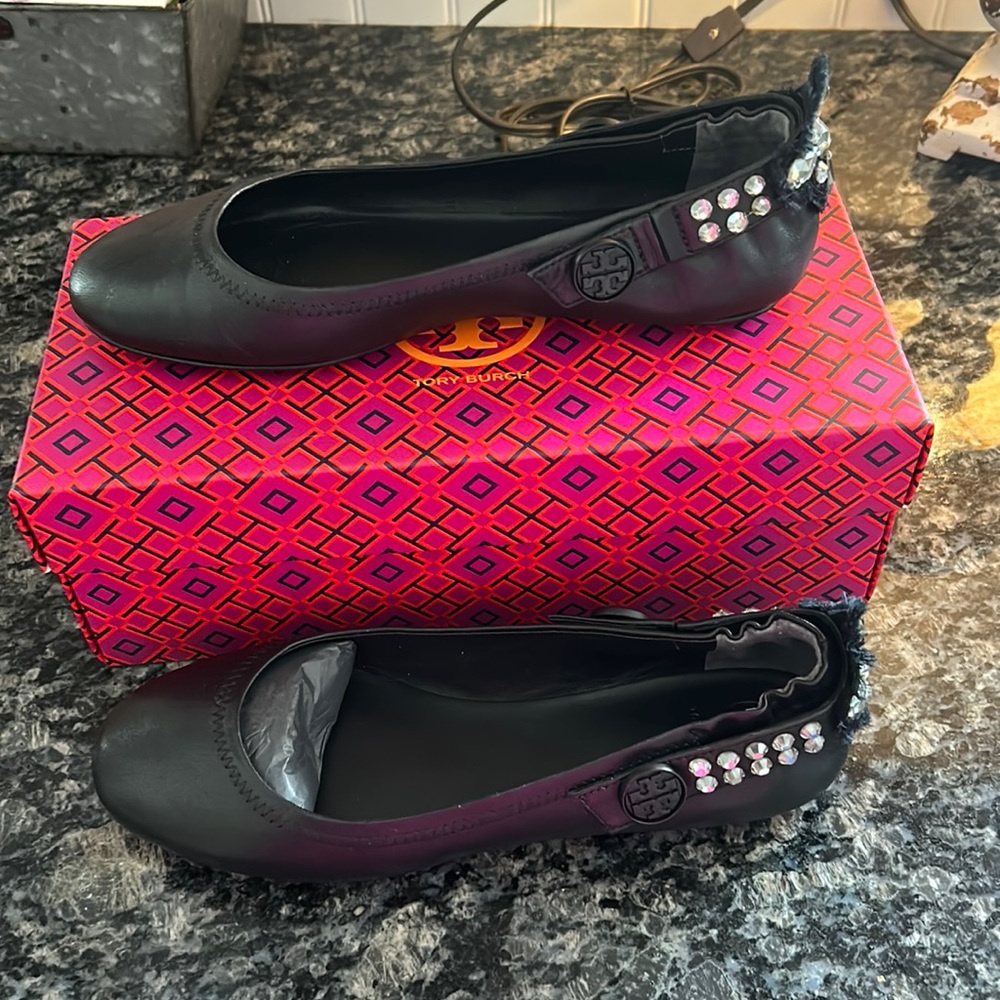 Tory Burch size 81/2 Minnie embellished two way ballet shoes.